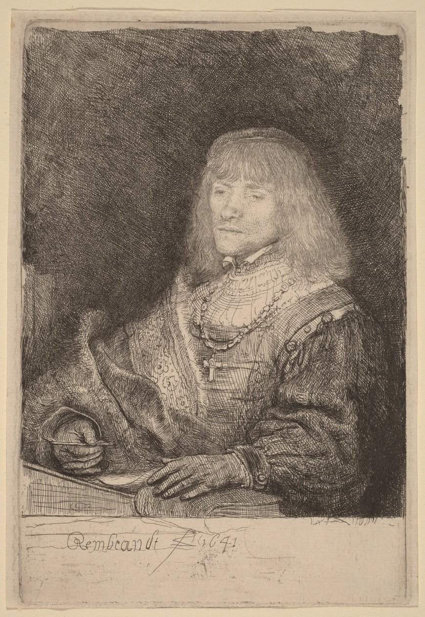Un hombre sentado en un escritorio con una cruz y una cadena de Rembrandt van Rijn