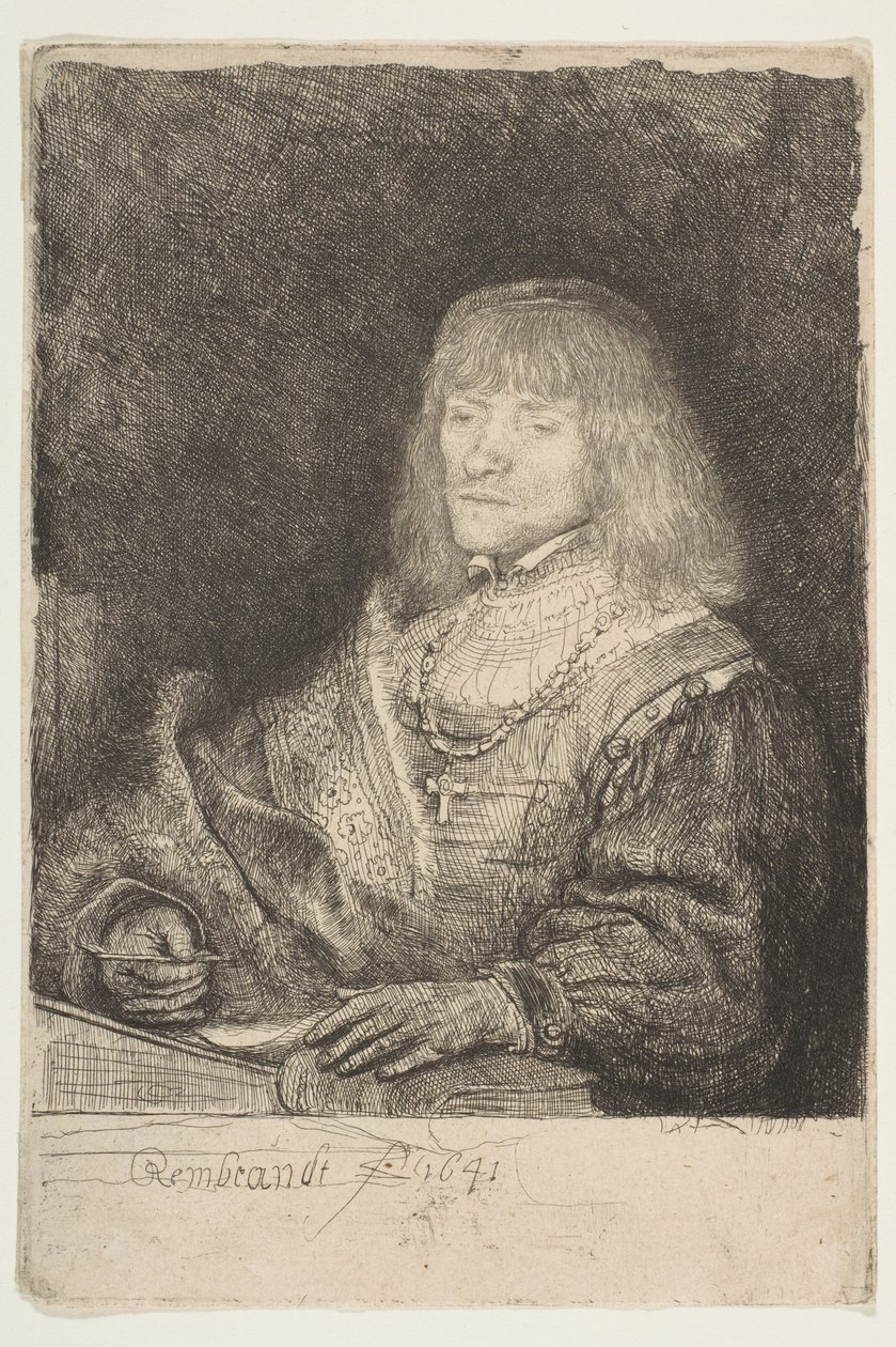 Hombre en un Escritorio Usando una Cruz y Cadena, 1641 de Rembrandt van Rijn