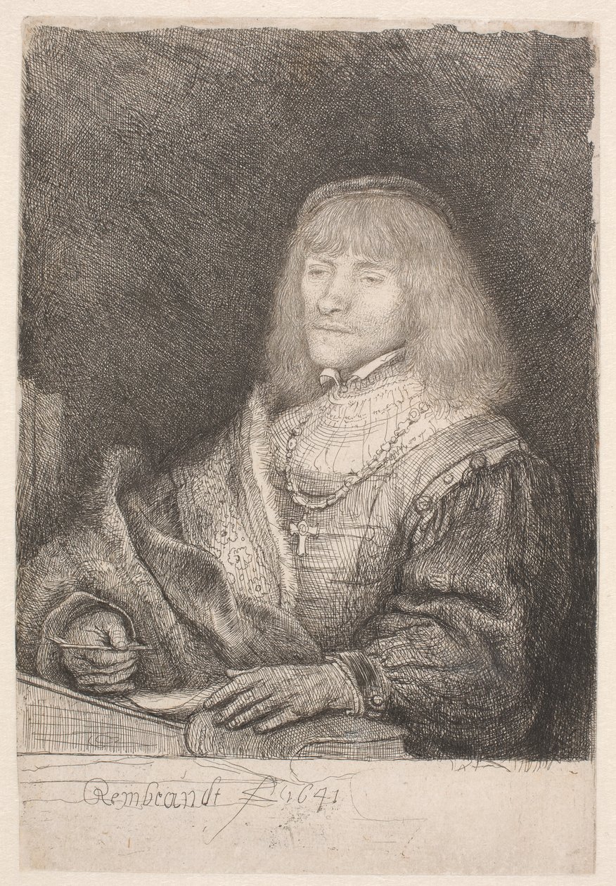 Hombre sentado en un escritorio, con una cruz y una cadena de Rembrandt van Rijn