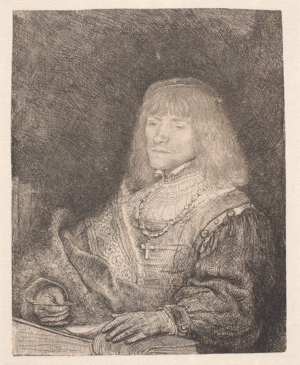 Hombre sentado en un escritorio, con una cruz y una cadena de Rembrandt van Rijn