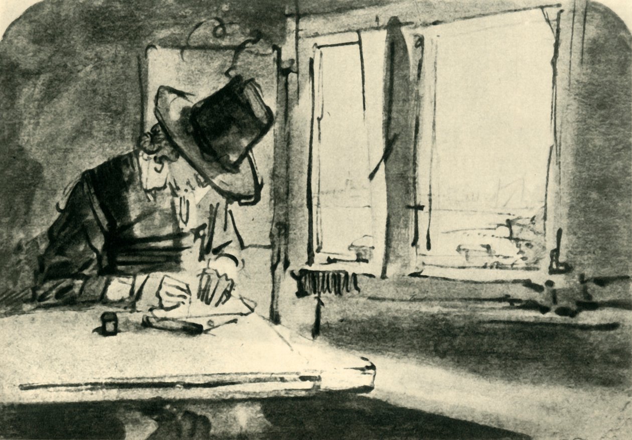 Hombre dibujando en la ventana, mediados del siglo XVII de Rembrandt van Rijn