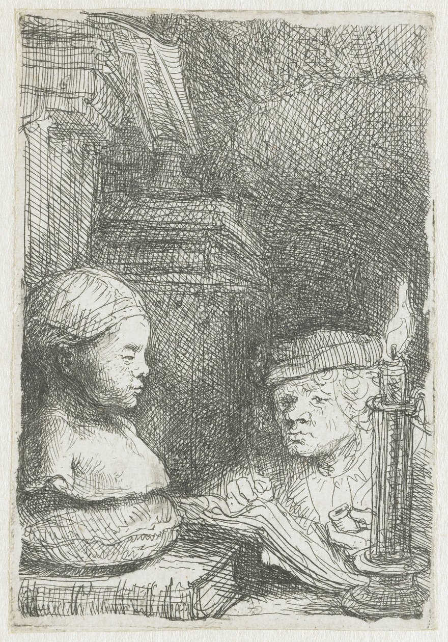 Hombre dibujando de un yeso de Rembrandt van Rijn