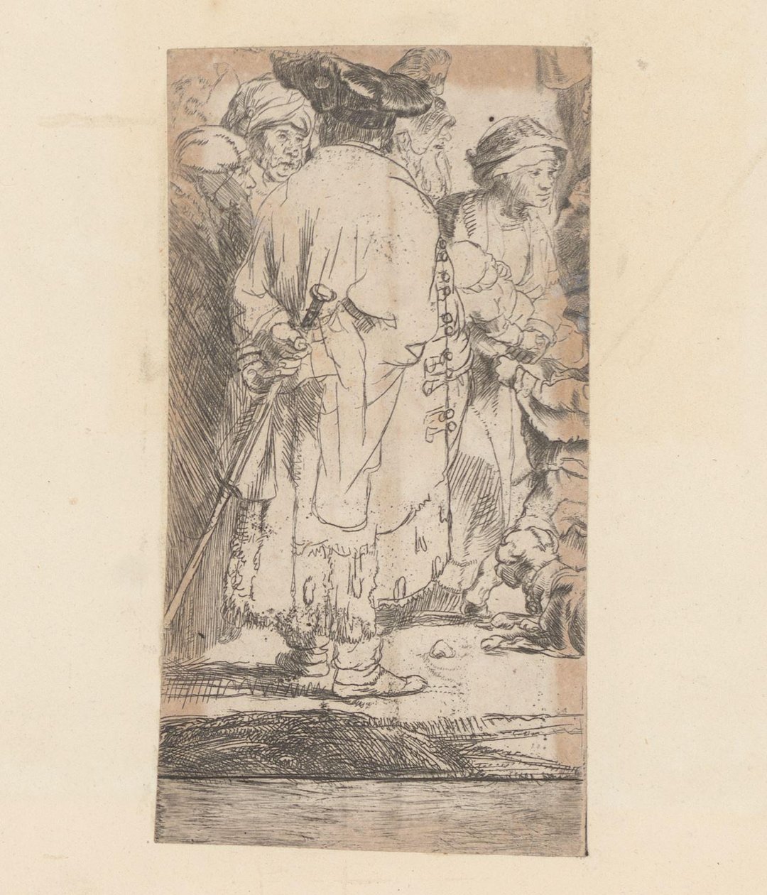 Hombre con capa, visto desde atrás Imagen de cien florines de Rembrandt van Rijn