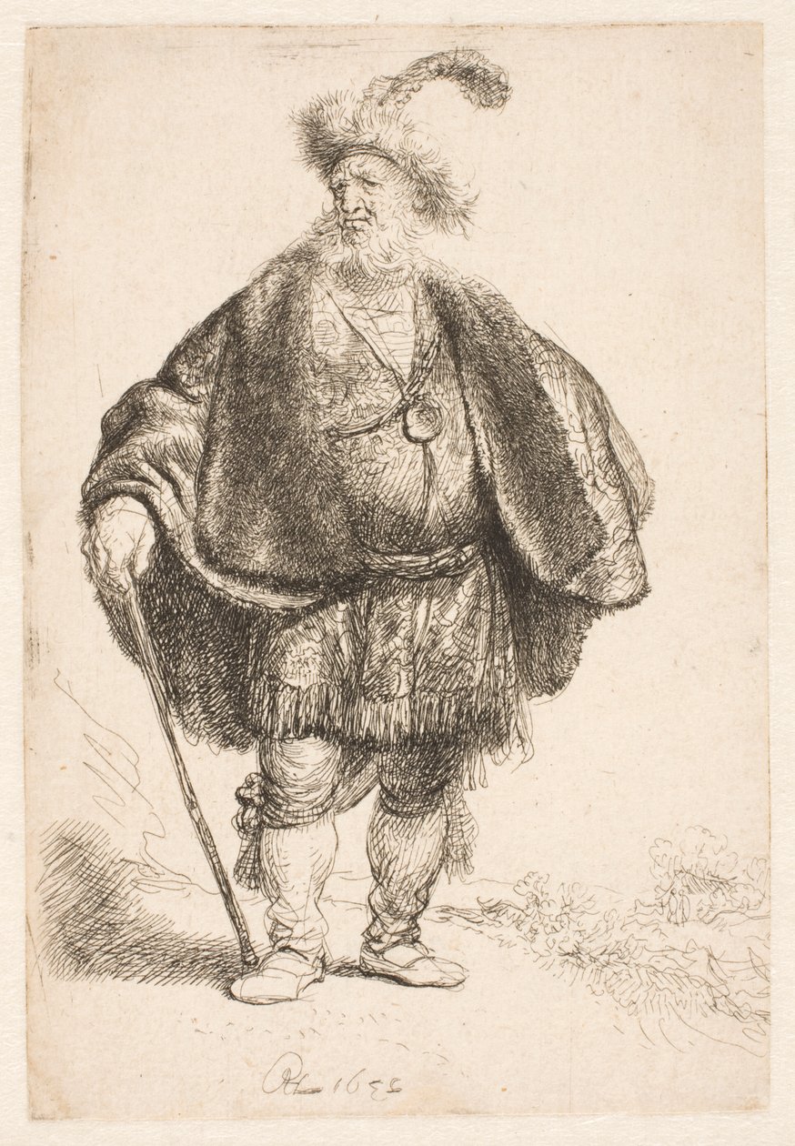 Hombre de pie con traje oriental y gorro de piel con plumas de Rembrandt van Rijn