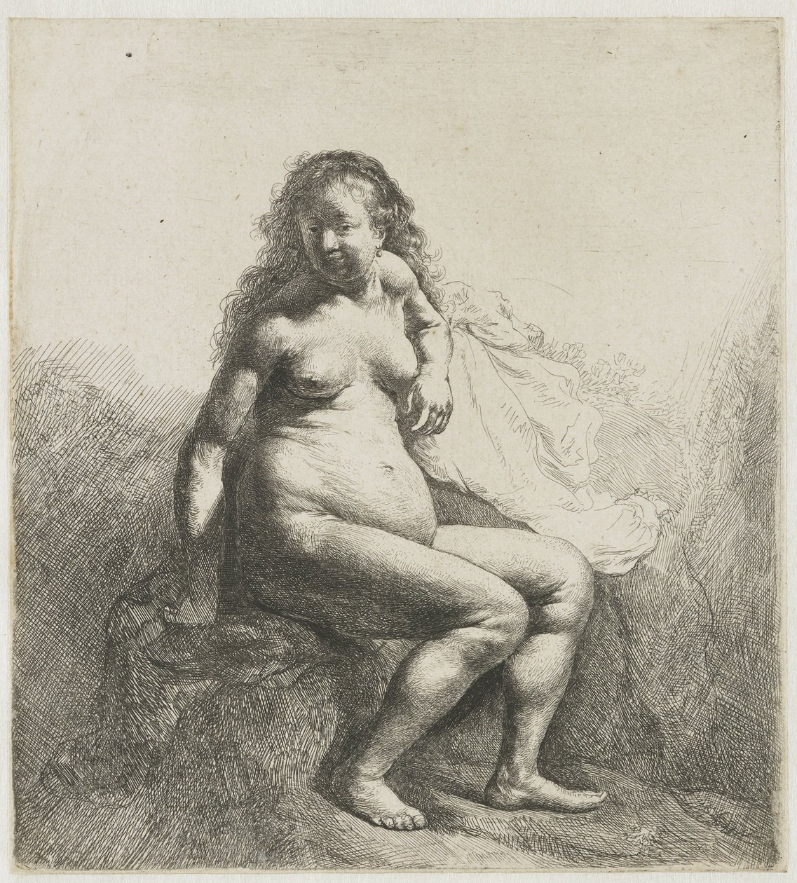Mujer desnuda sobre un montículo
Mujer desnuda en un montículo de Rembrandt van Rijn