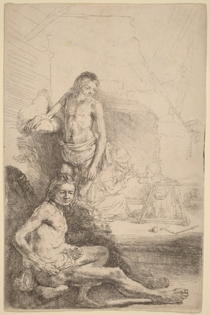 Hombre desnudo sentado y hombre desnudo de pie, con una mujer y un bebé al fondo de Rembrandt van Rijn