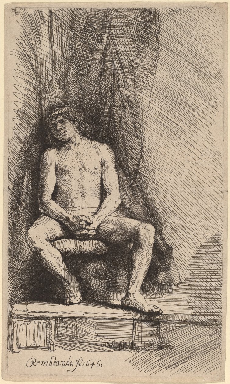 Hombre Desnudo Sentado ante una Cortina de Rembrandt van Rijn