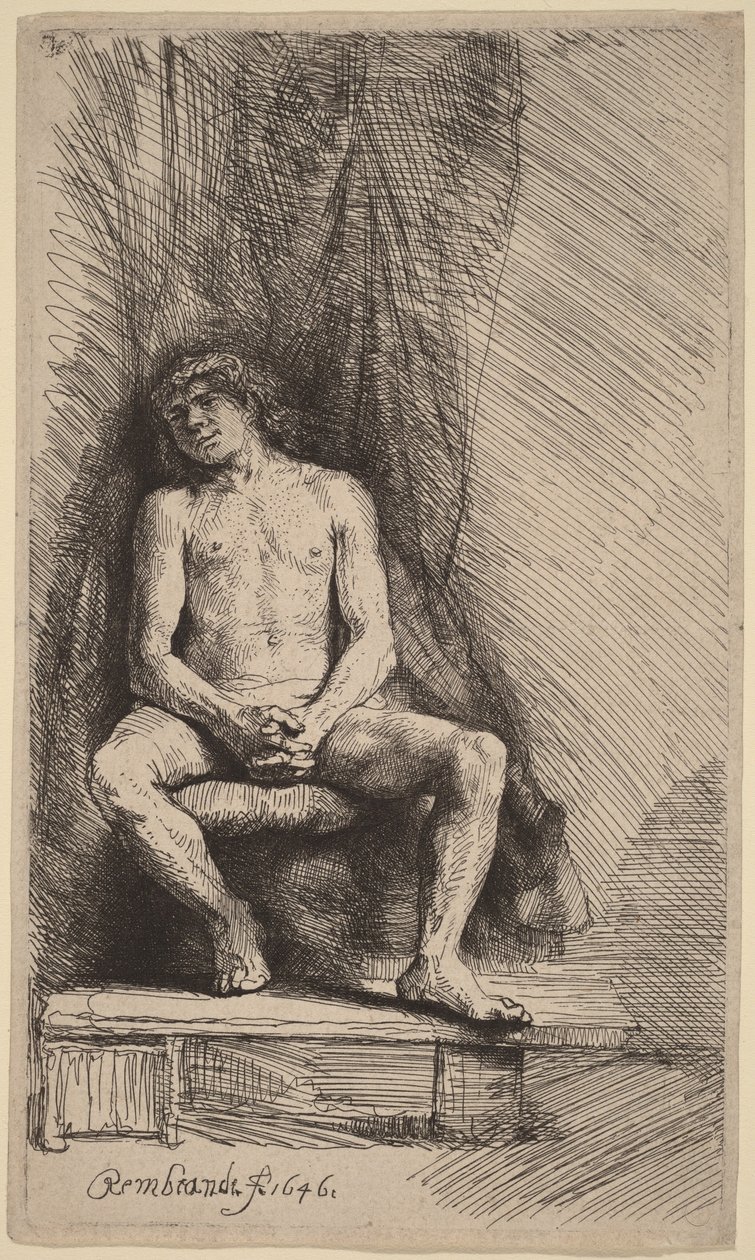 Hombre desnudo sentado ante una cortina de Rembrandt van Rijn