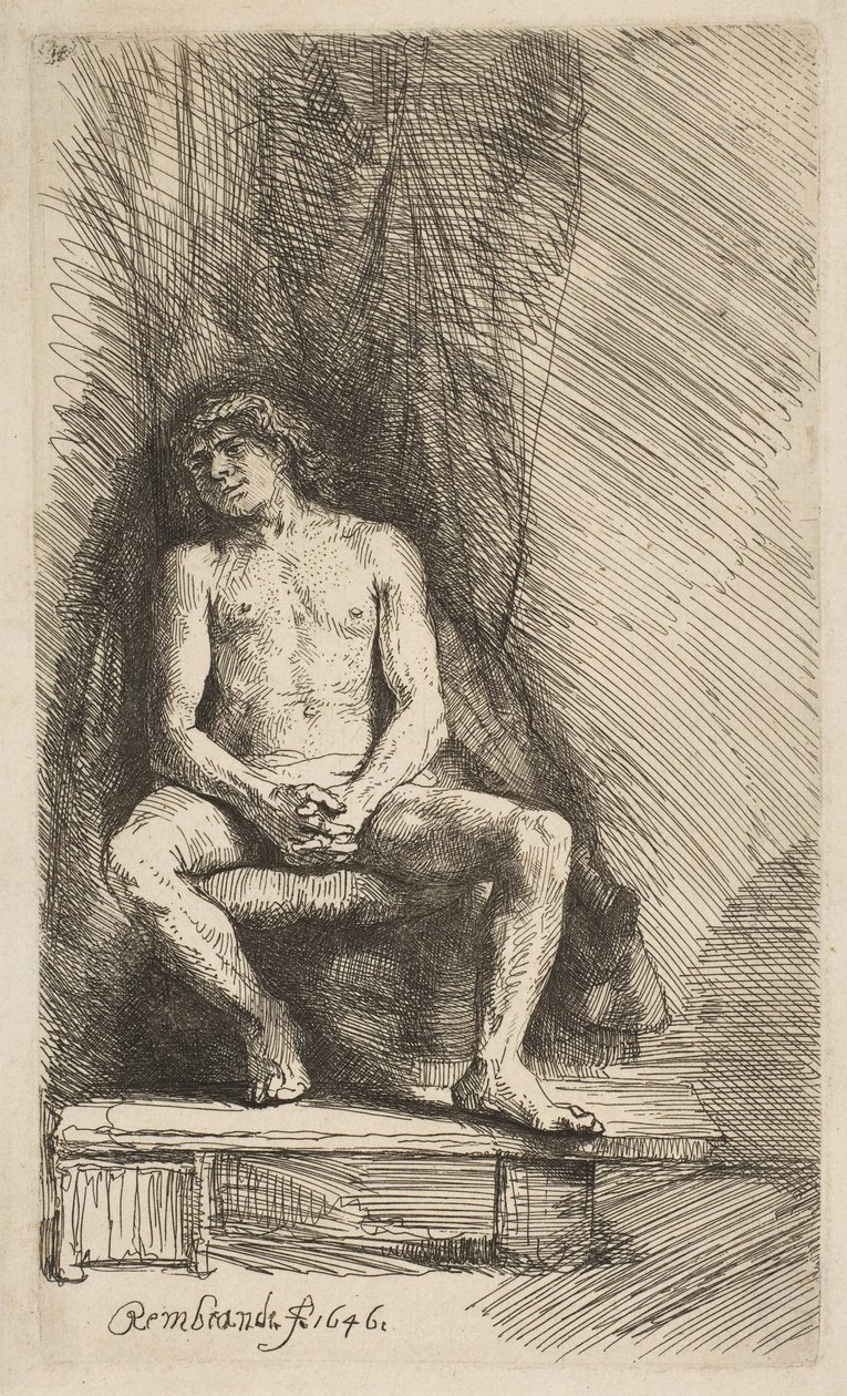 Hombre desnudo sentado frente a una cortina, 1646 de Rembrandt van Rijn