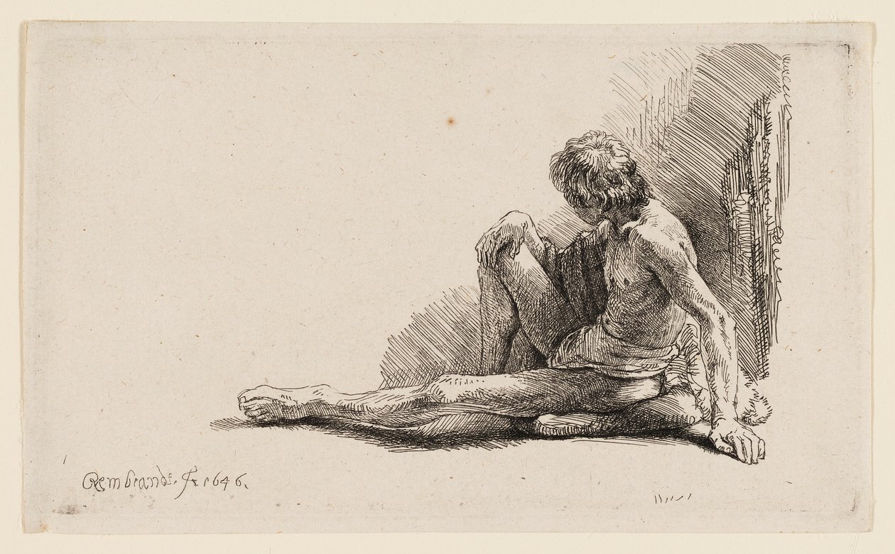 Hombre Desnudo Sentado en el Suelo con una Pierna Extendida de Rembrandt van Rijn