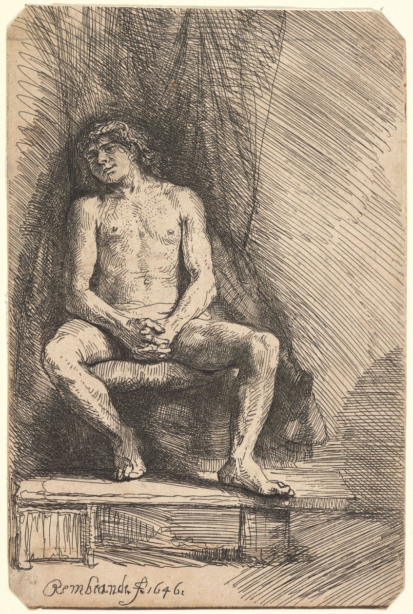 Hombre desnudo sentado ante una cortina (BB.46-Bi) de Rembrandt van Rijn