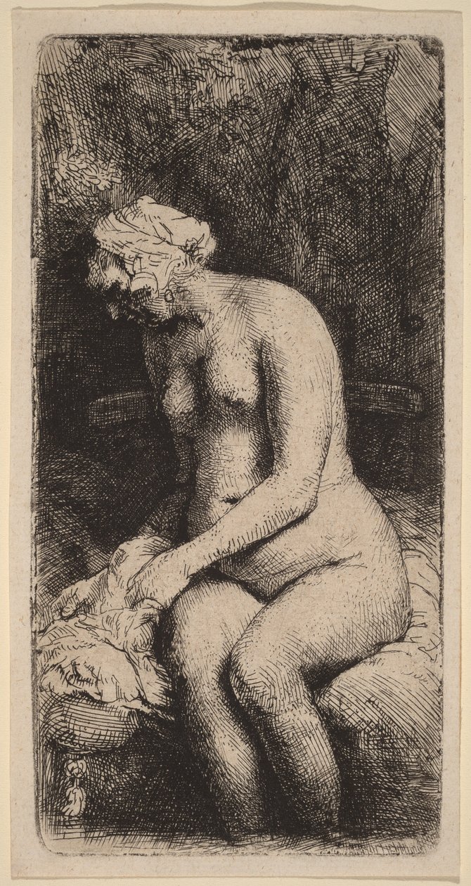 Desnuda sentada en un banco con un cojín (Mujer lavándose los pies en un arroyo) de Rembrandt van Rijn