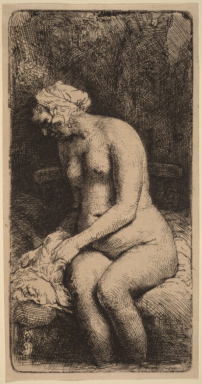 Desnuda sentada en un banco con un cojín (Mujer lavándose los pies en un arroyo) de Rembrandt van Rijn