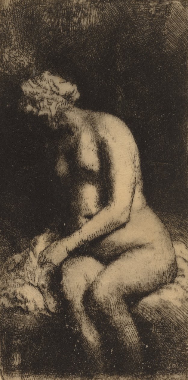 Desnudo sentado en un banco con una almohada, mujer bañando sus pies en un arroyo, 1658 de Rembrandt van Rijn