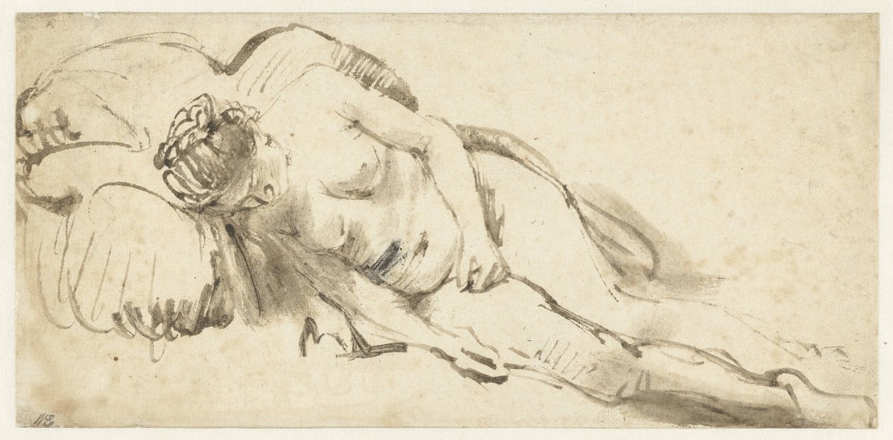 Mujer desnuda tumbada sobre una almohada de Rembrandt van Rijn