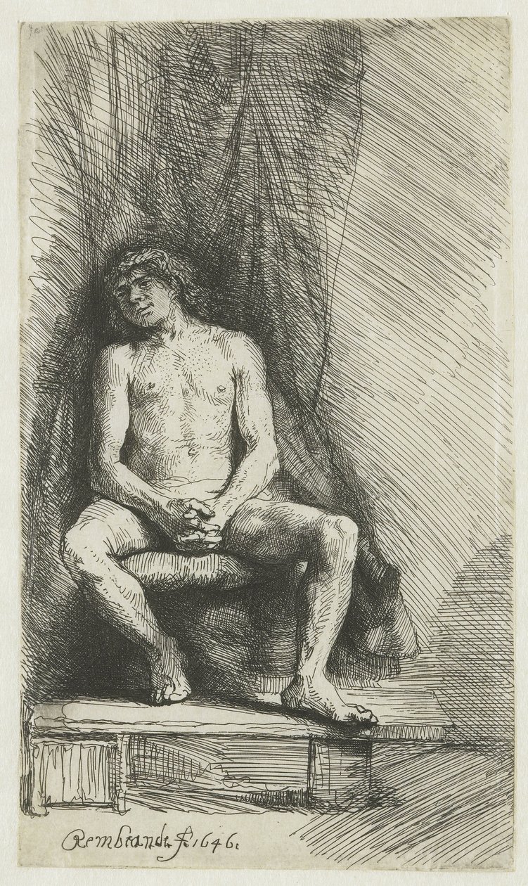 Joven desnudo, sentado ante una cortina Hombre desnudo sentado ante una cortina de Rembrandt van Rijn