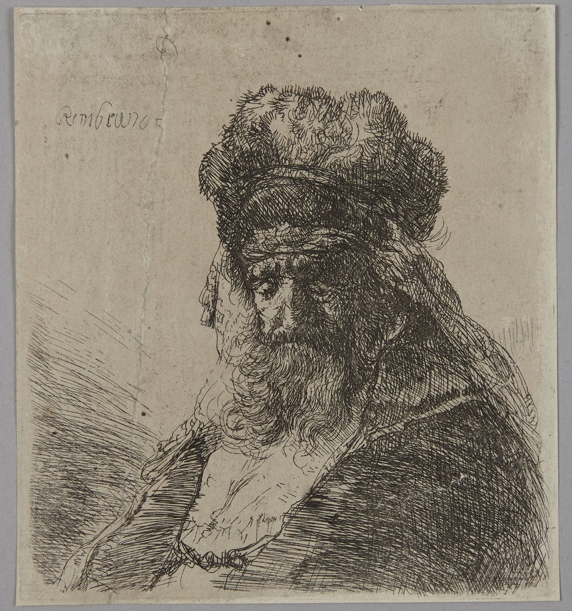 Un anciano barbudo con un gorro alto de piel y los ojos cerrados de Rembrandt van Rijn