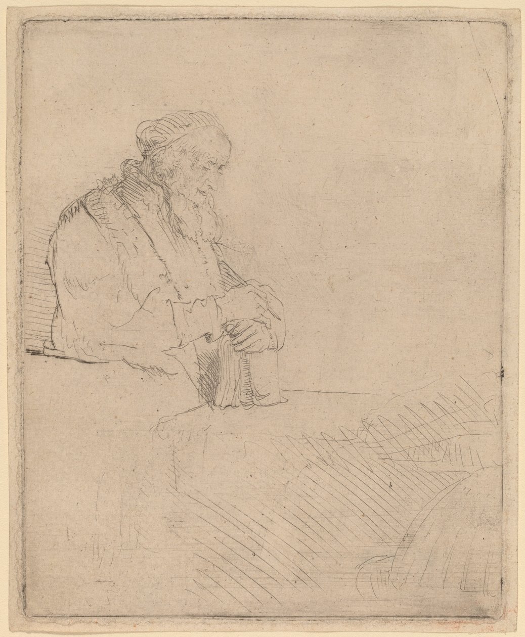 Viejo en meditación, apoyado en un libro de Rembrandt van Rijn