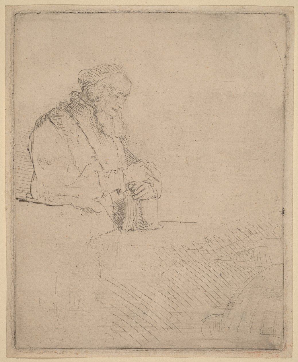 Anciano meditando, apoyado en un libro de Rembrandt van Rijn