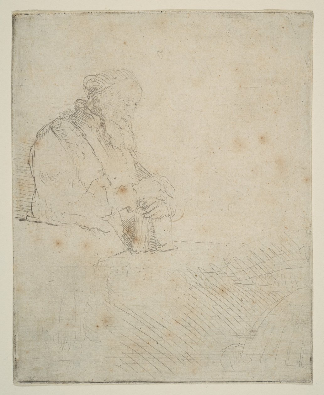 Viejo en meditación, apoyado en un libro de Rembrandt van Rijn