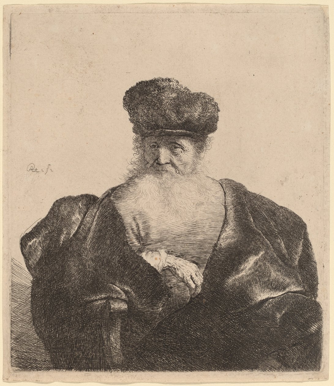 Viejo con barba, gorro de piel y capa de terciopelo de Rembrandt van Rijn