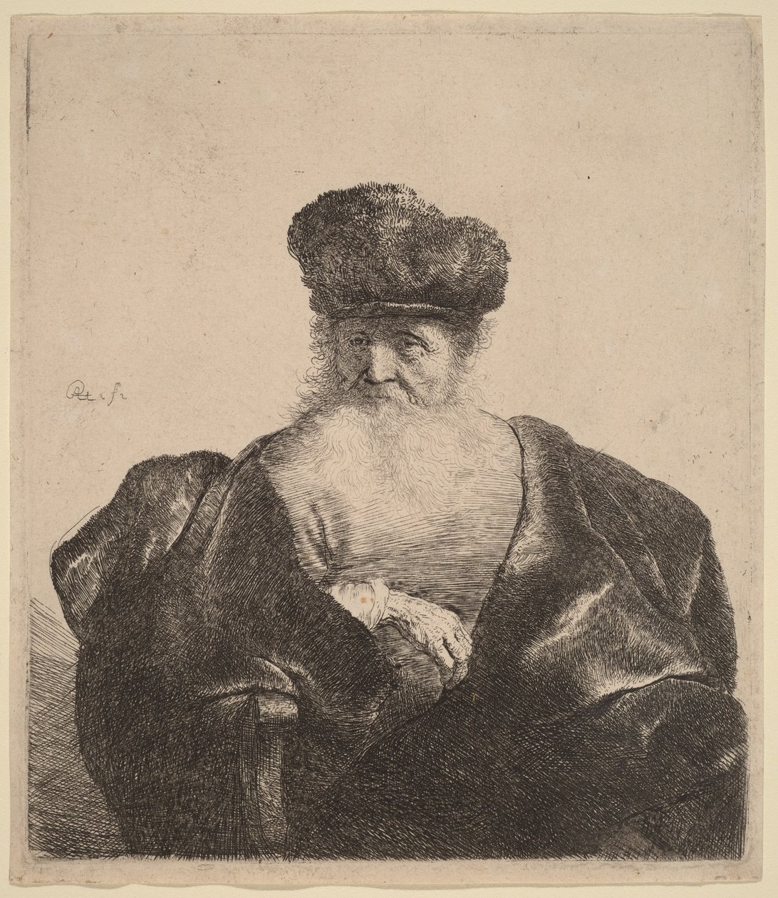 Anciano con barba, gorro de piel y capa de terciopelo de Rembrandt van Rijn