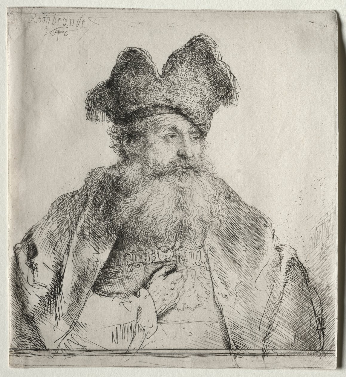 Viejo con un Gorro de Piel Dividido de Rembrandt van Rijn