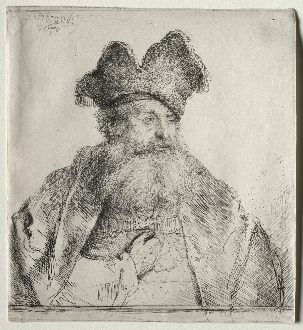 Viejo con un Gorro de Piel Dividido de Rembrandt van Rijn