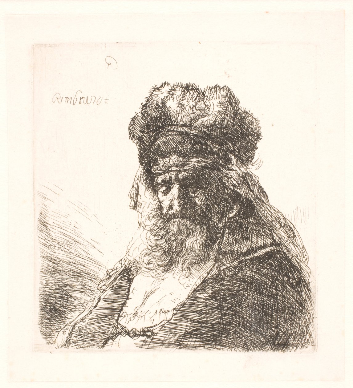 Viejo barbudo con un gorro de piel alto, con los ojos cerrados de Rembrandt van Rijn