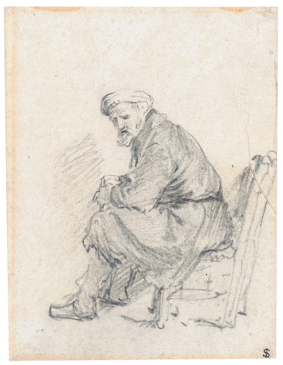 Viejo con turbante, sentado de perfil, girando a la izquierda de Rembrandt van Rijn