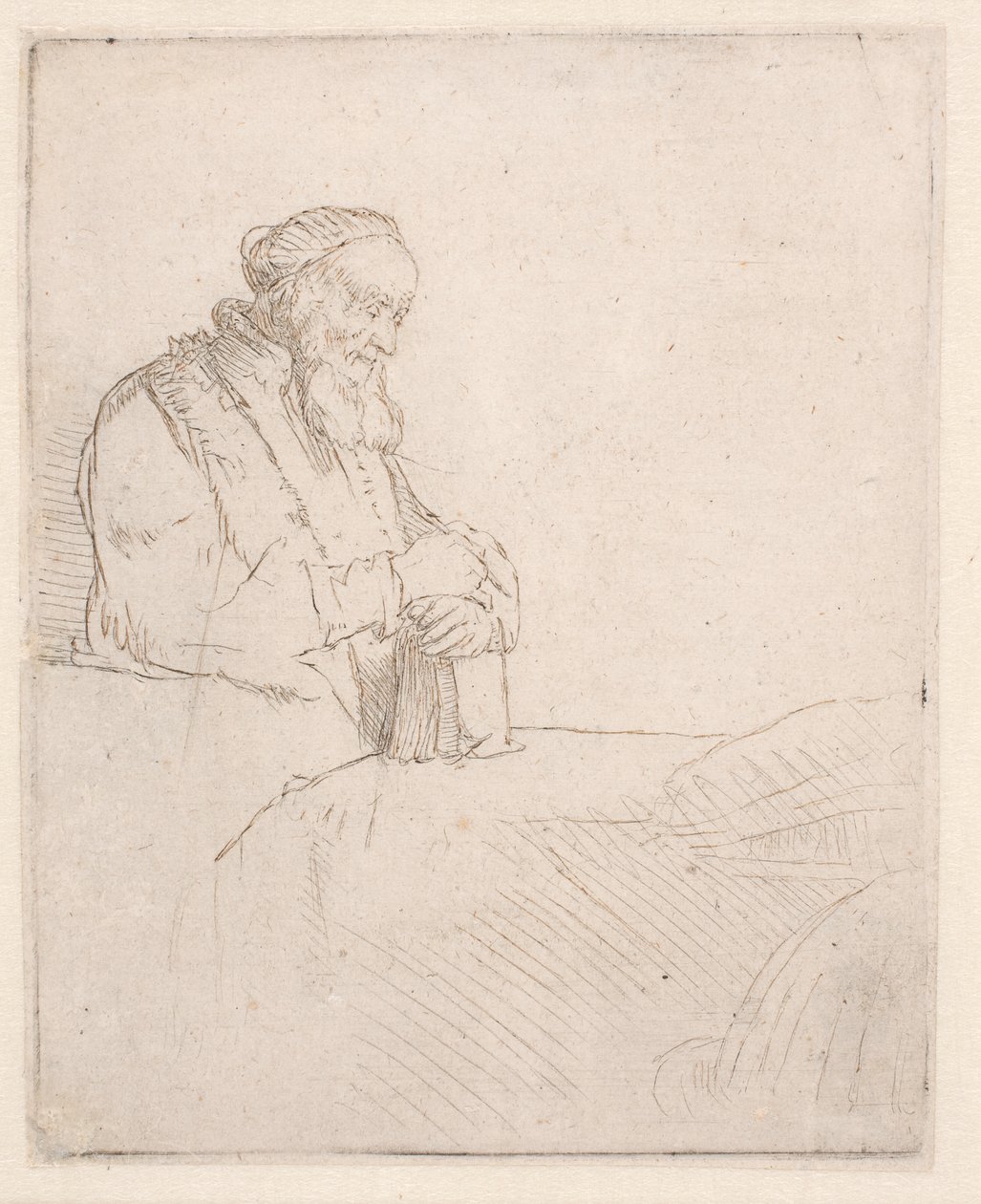 Un anciano meditando, apoyado en un libro de Rembrandt van Rijn