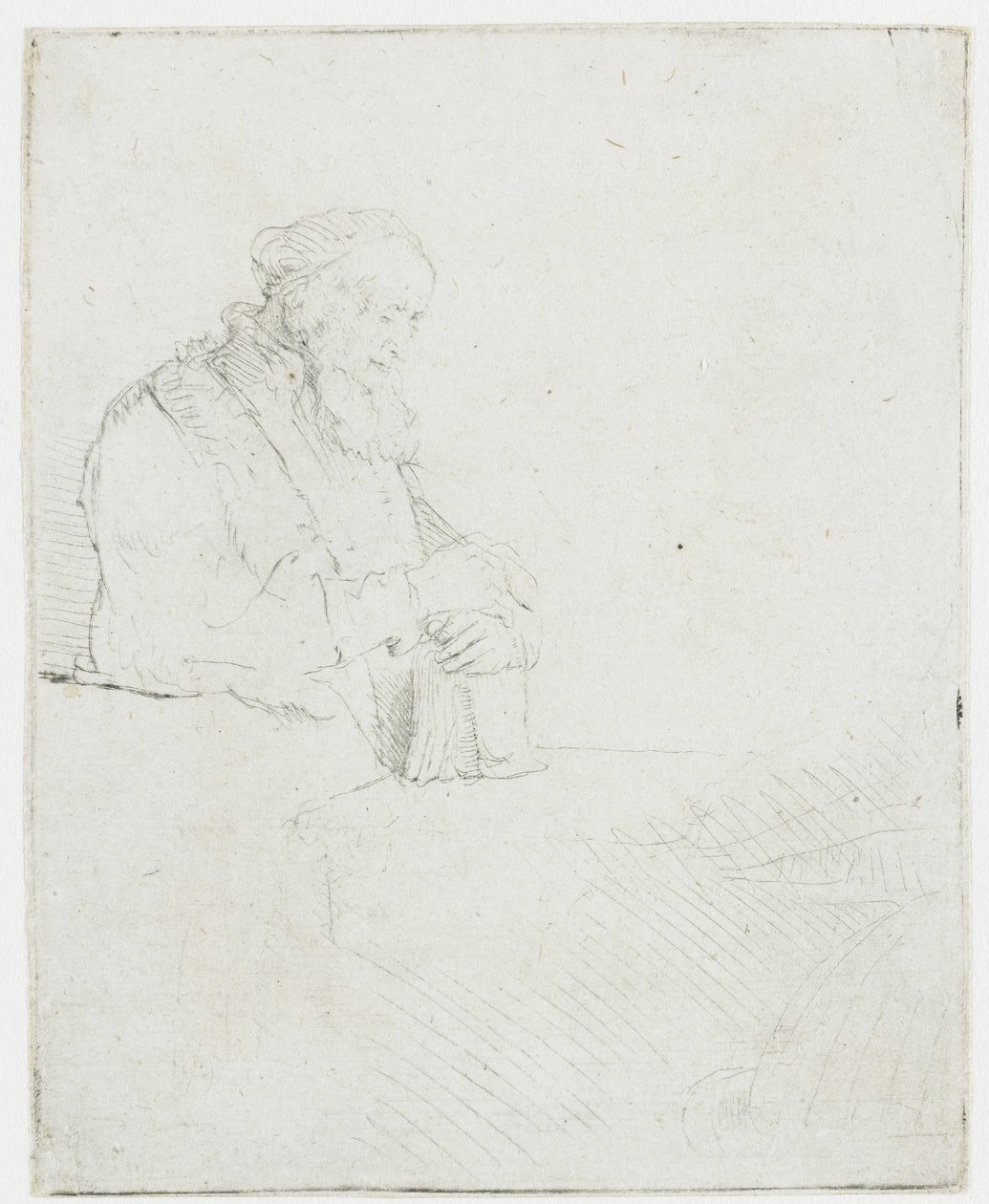 Un anciano meditando, apoyado en un libro de Rembrandt van Rijn