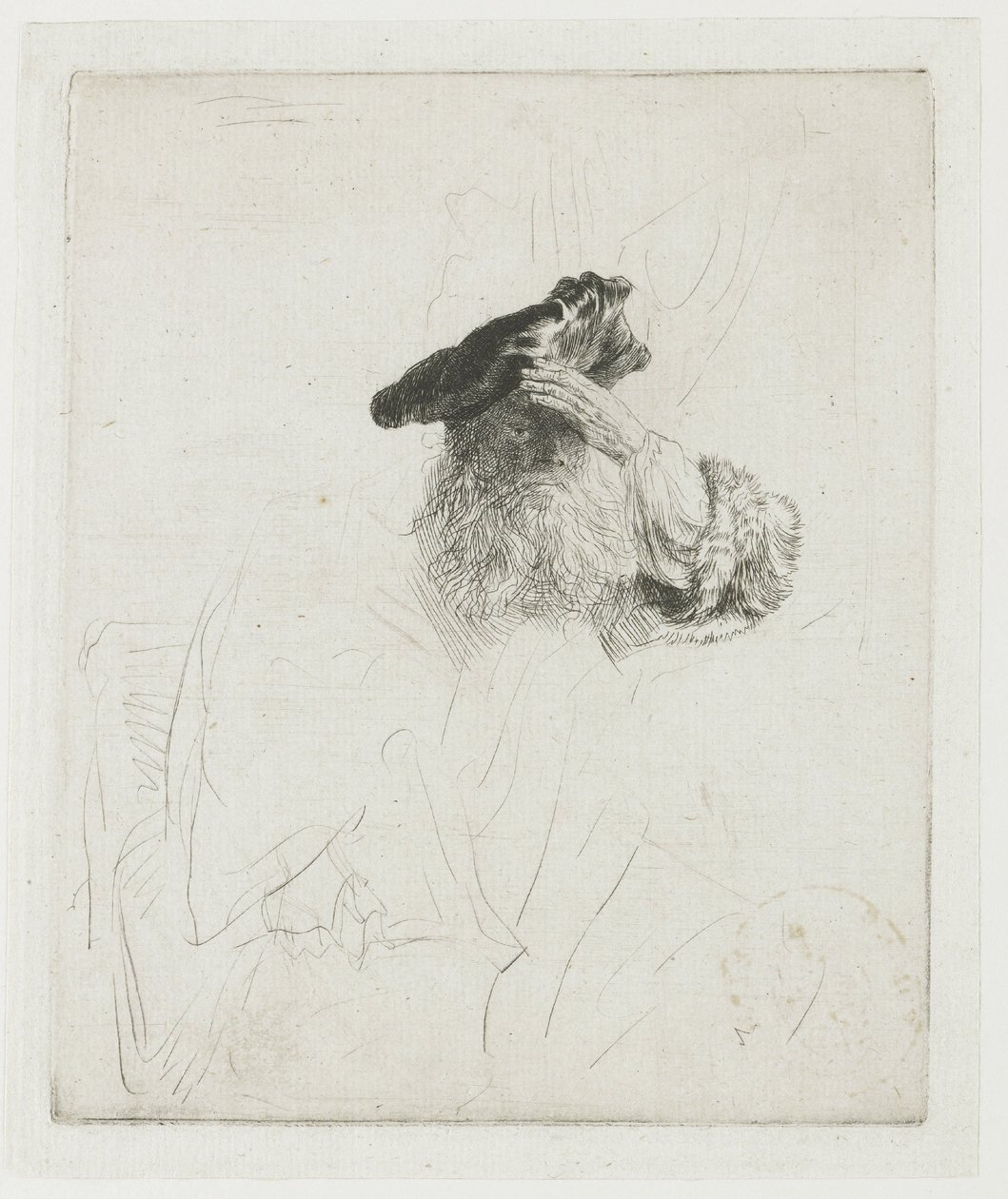 Un anciano que se protege los ojos con la mano de Rembrandt van Rijn