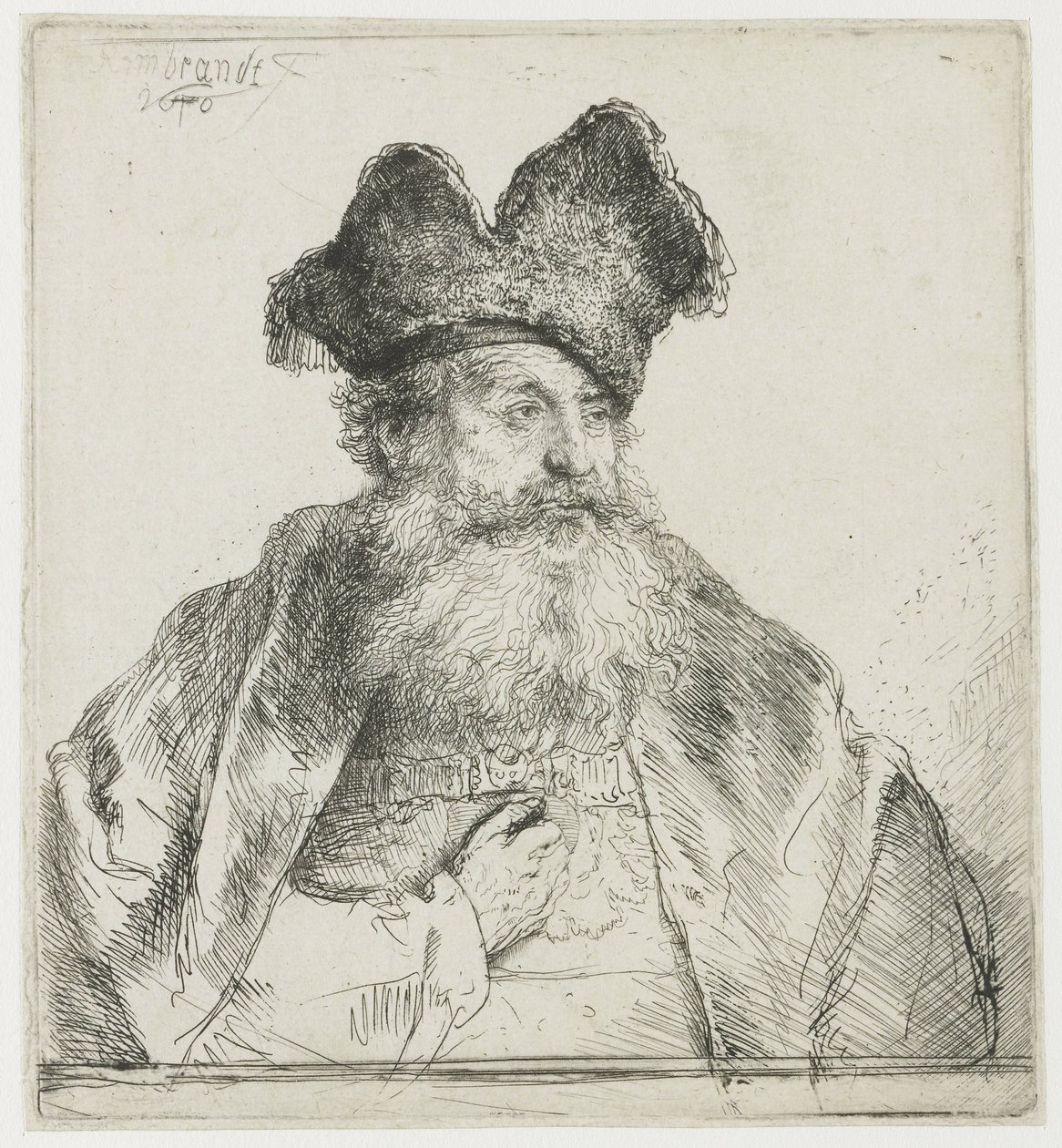 Anciano con gorro de piel dividido de Rembrandt van Rijn