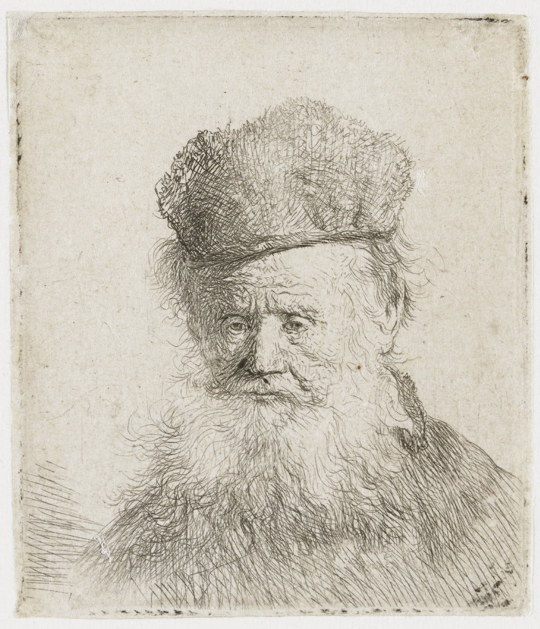 Anciano con gorro de piel y barba larga de Rembrandt van Rijn