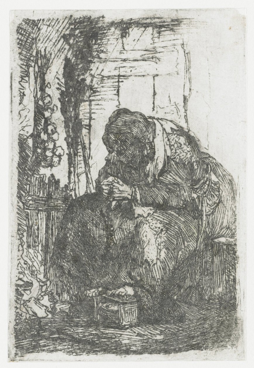 Anciana con cebollas, sentada en una cabaña de Rembrandt van Rijn