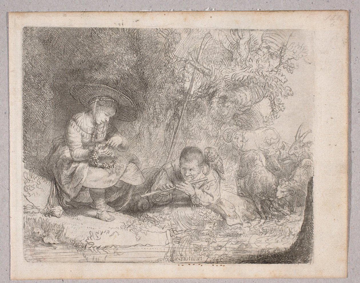 Un pastor tocando la flauta (Vista de Omval con una pastora y un pastor tocando la flauta) de Rembrandt van Rijn