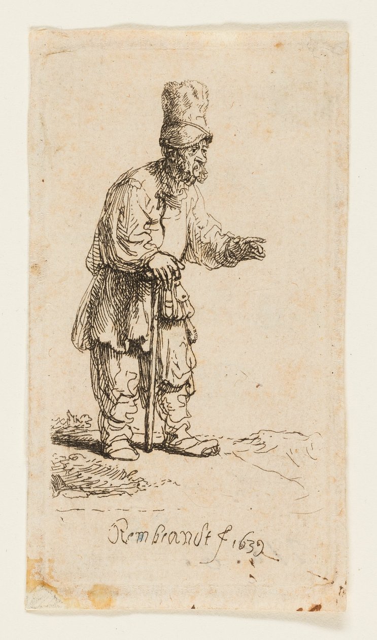 Campesino con un Gorro Alto, Apoyado en un Bastón de Rembrandt van Rijn