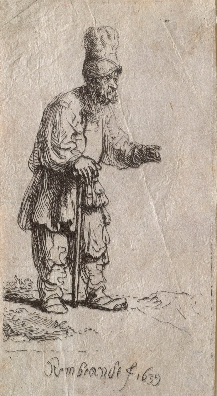 Campesino con gorro alto, de pie, apoyado en un bastón de Rembrandt van Rijn