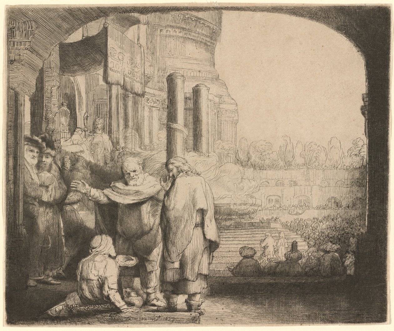 Pedro y Juan sanando al lisiado en la puerta del templo de Rembrandt van Rijn