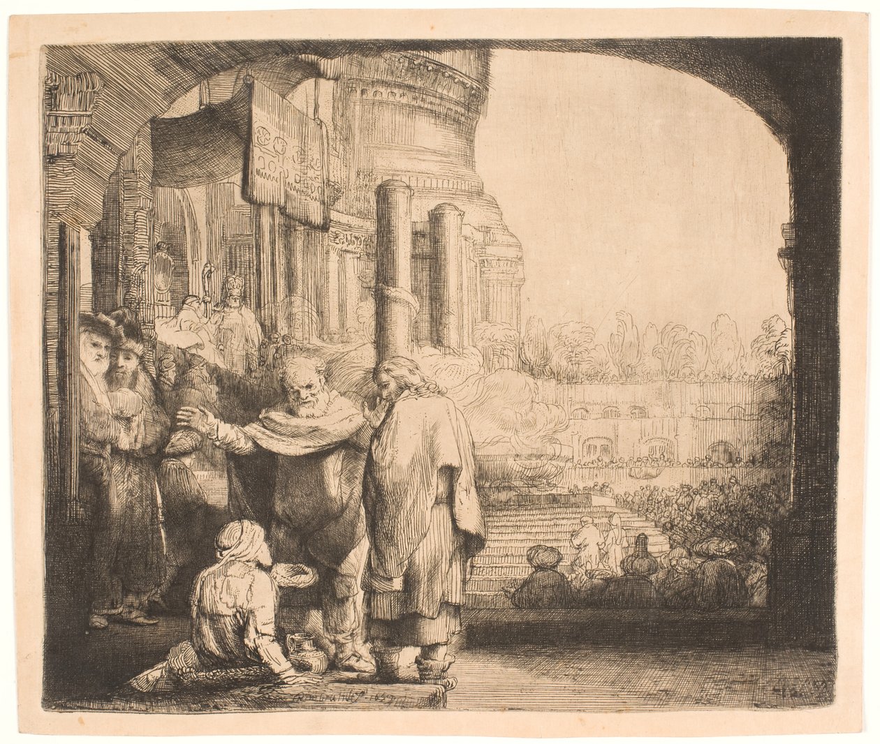 Pedro y Juan sanando al lisiado en la puerta del templo de Rembrandt van Rijn