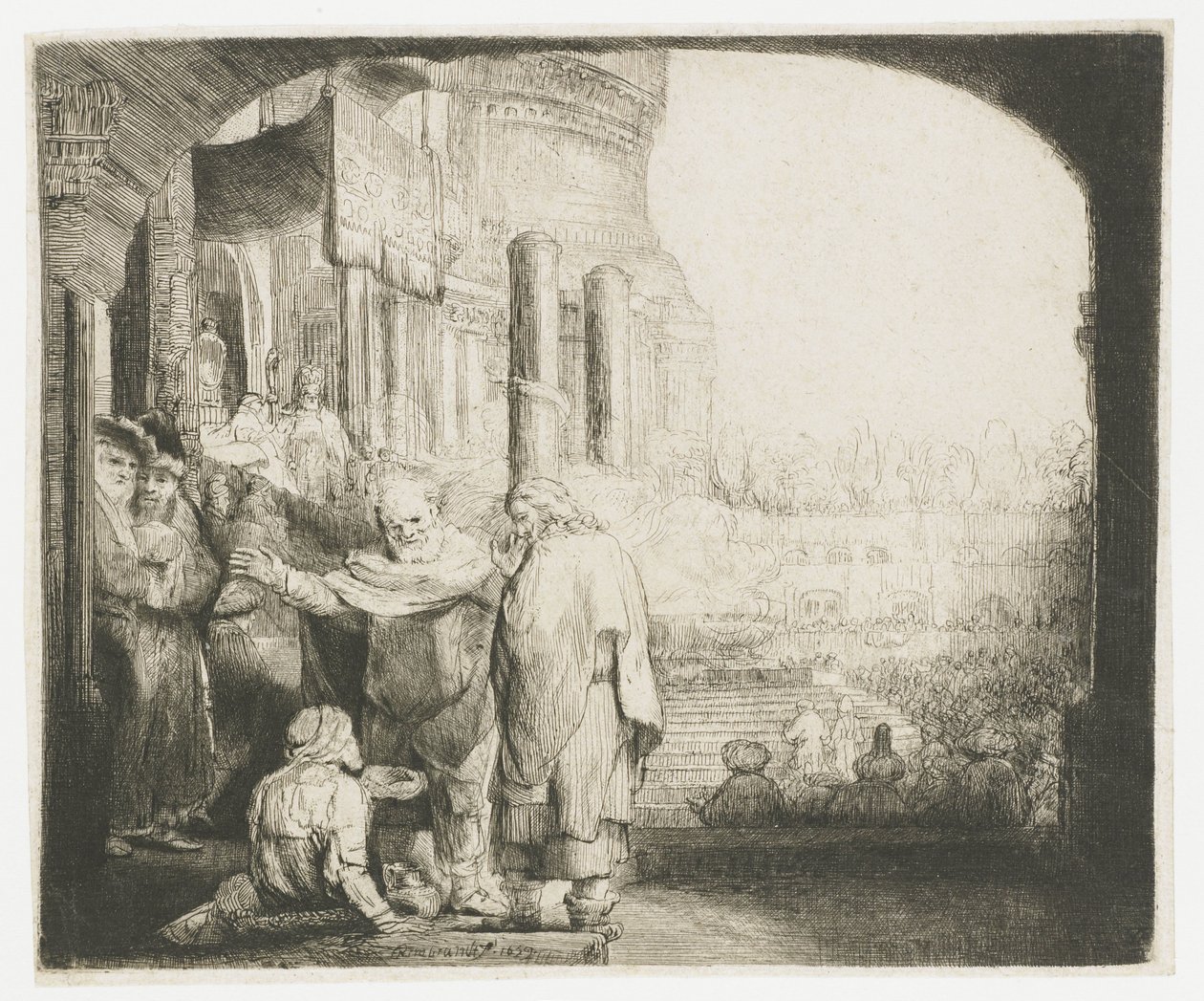 Pedro y Juan curando al tullido a la puerta del templo de Rembrandt van Rijn