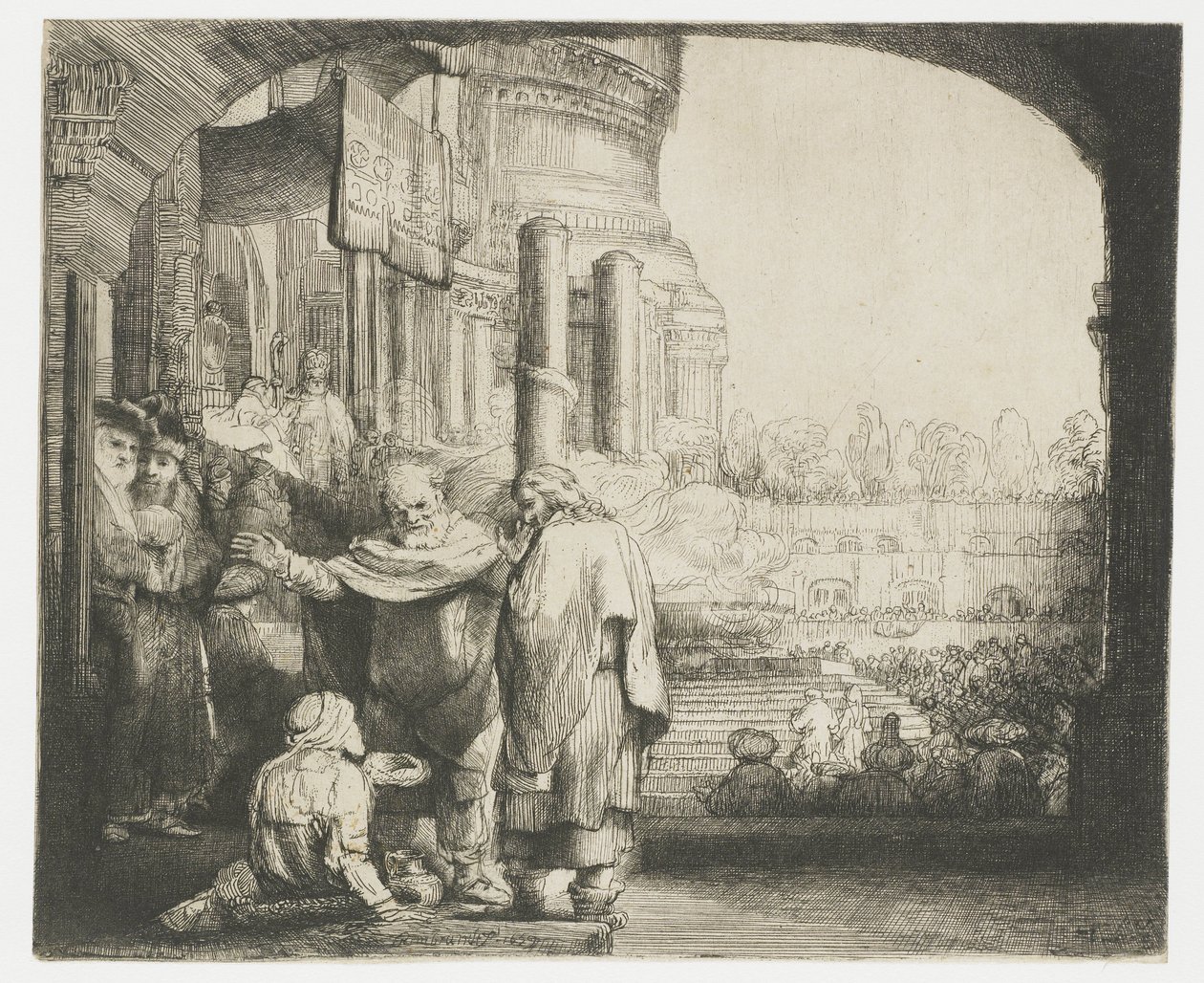 Pedro y Juan curando al tullido a la puerta del templo de Rembrandt van Rijn