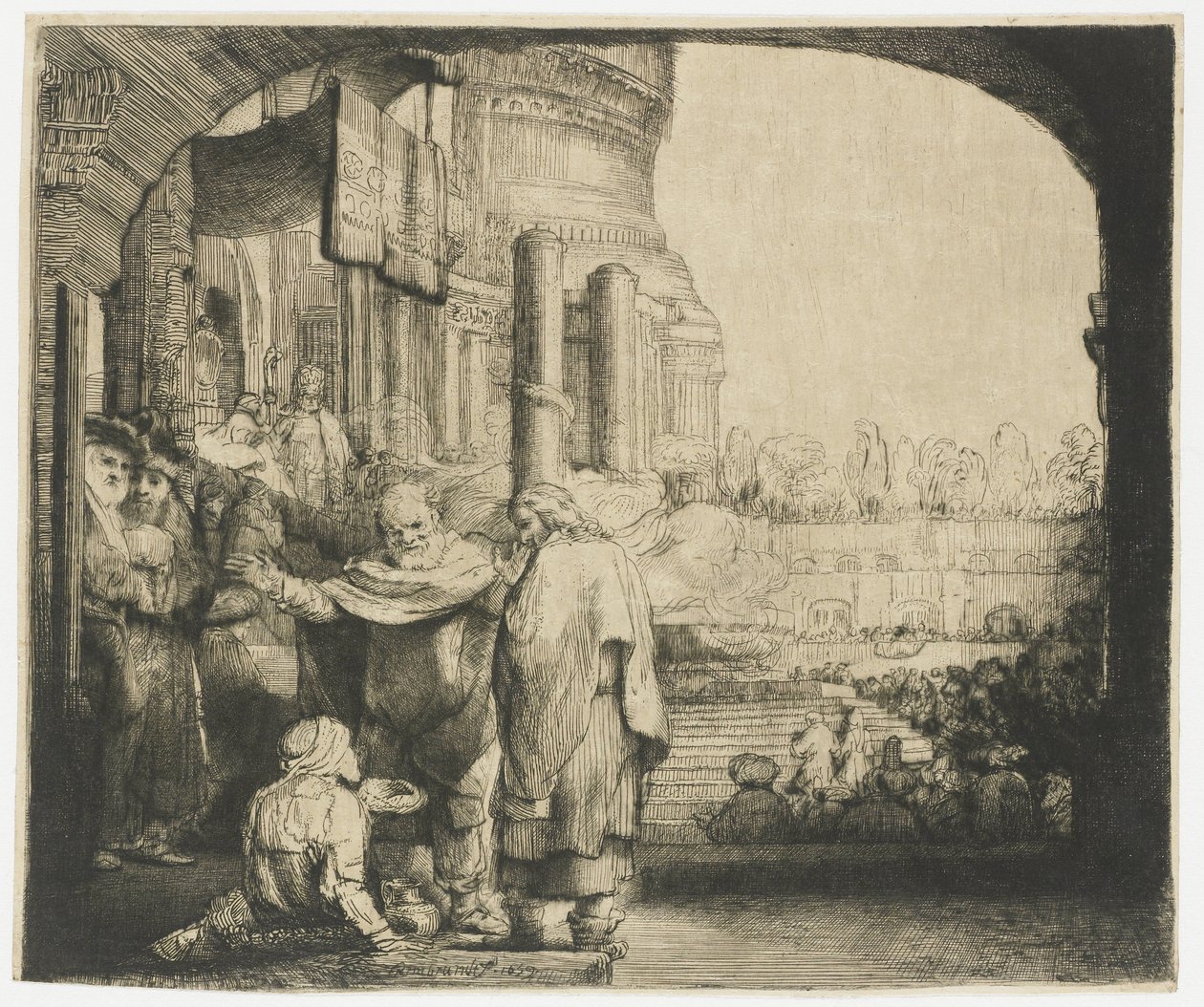 Pedro y Juan curando al tullido a la puerta del templo de Rembrandt van Rijn