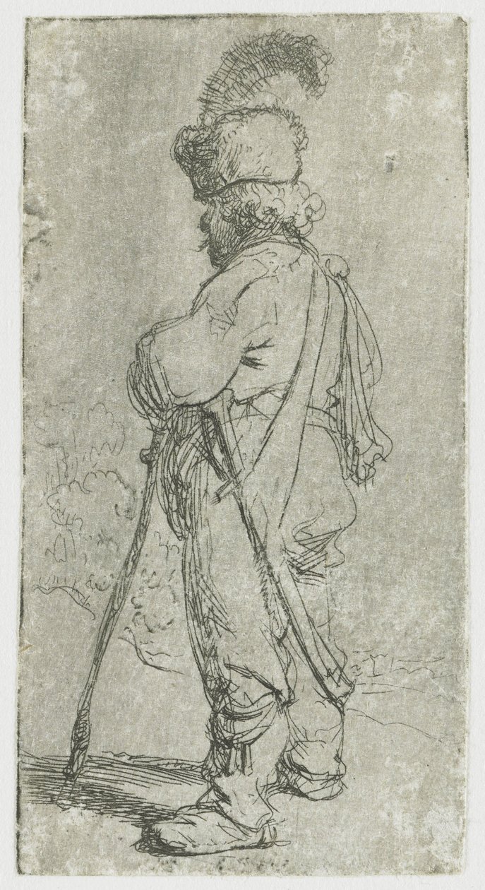 Polaco apoyado en un bastón de Rembrandt van Rijn