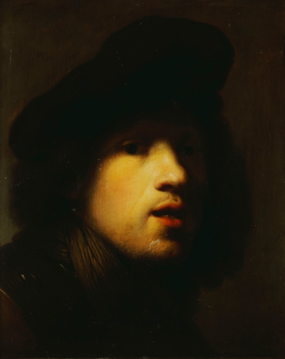 Retrato del Artista, Cabeza y Hombros, con una Boina Negra y un Gorjal de Rembrandt van Rijn