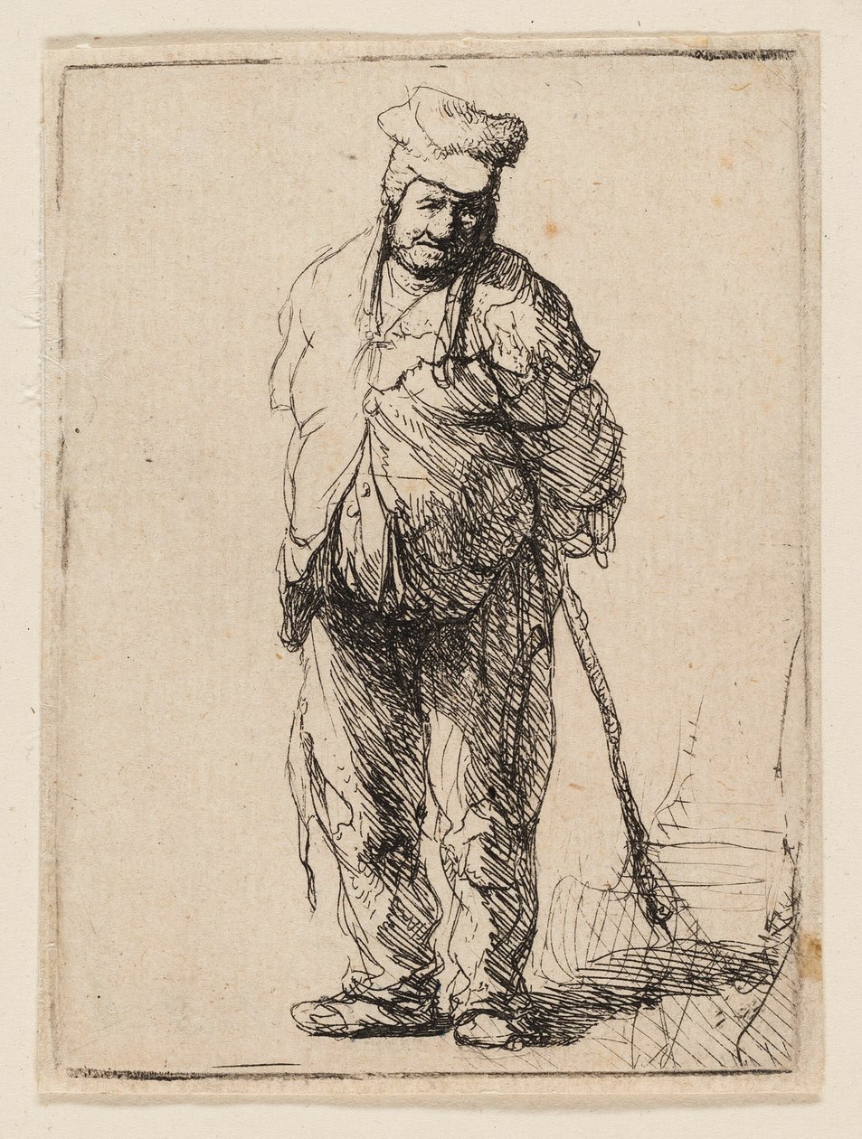 Campesino harapiento con las manos detrás, sosteniendo un palo de Rembrandt van Rijn