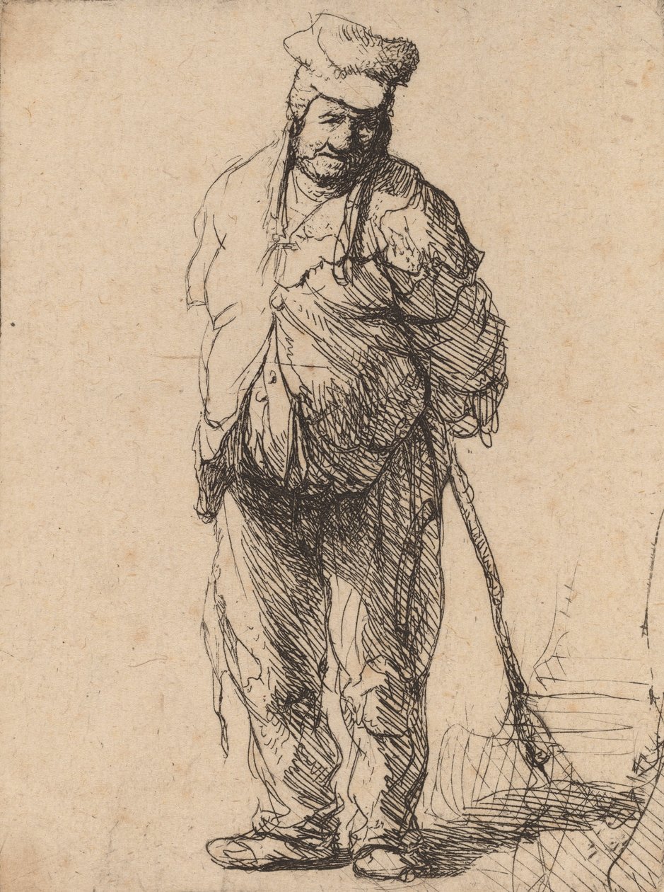 Campesino Harapiento con las Manos Detrás, Sosteniendo un Palo, c. 1630 de Rembrandt van Rijn
