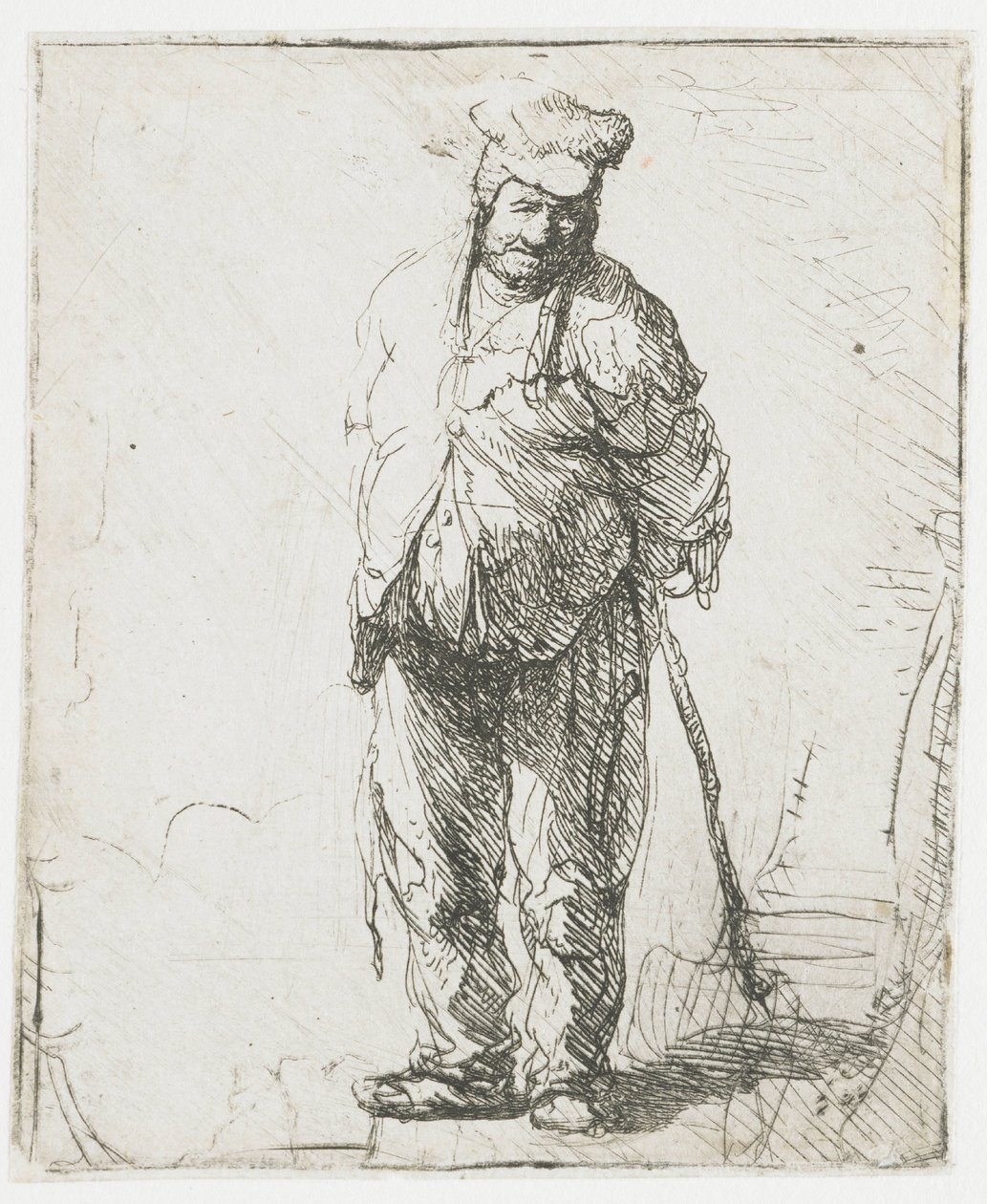 Un campesino harapiento con las manos a la espalda, sosteniendo un palo de Rembrandt van Rijn