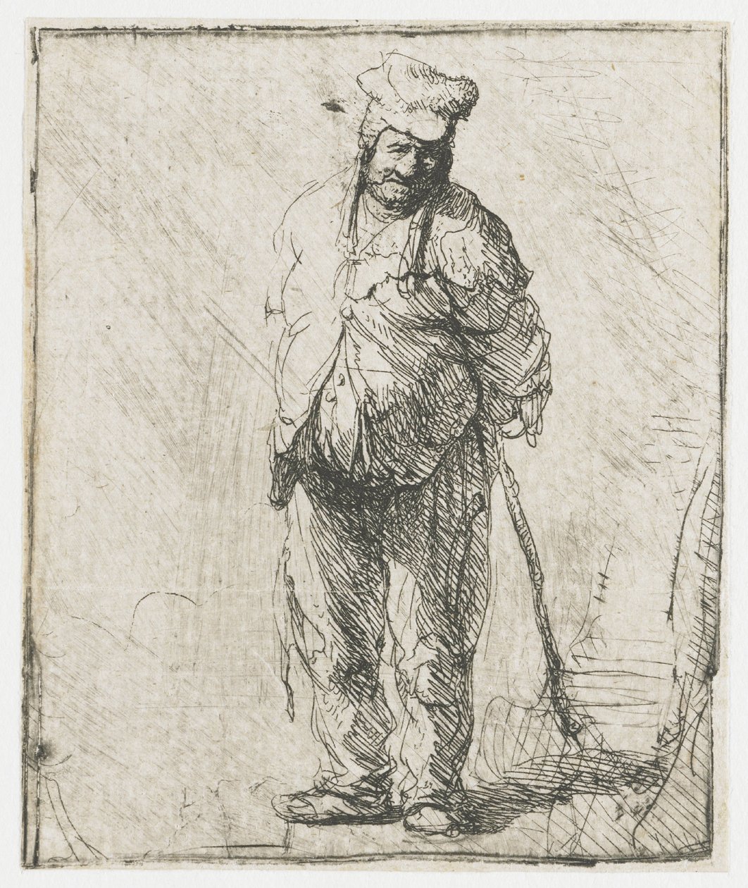Un campesino harapiento con las manos a la espalda, sosteniendo un palo de Rembrandt van Rijn